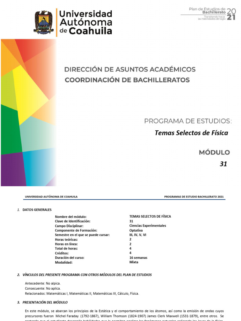 Temas Selectos de Física 1: Módulo 31 | PDF | Evaluación | Aprendizaje