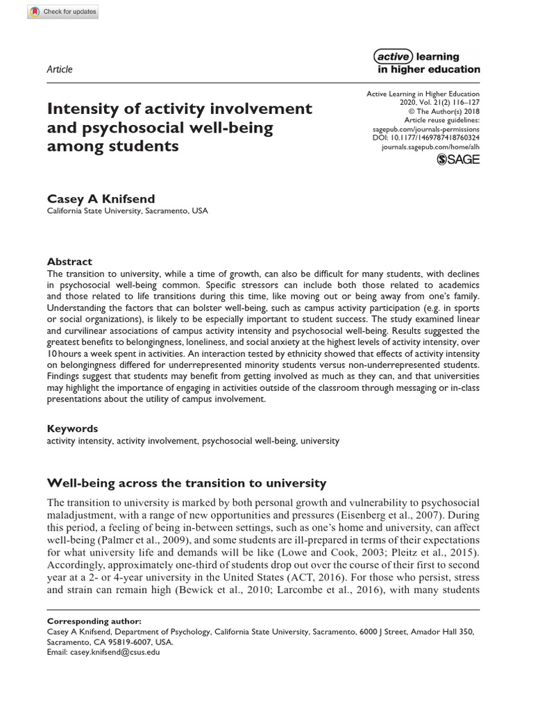 Intensity of Activity Involvement and Psychosocial Well-Being Among ...