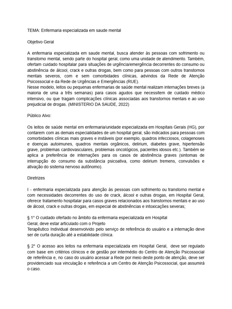 Enfermaria Especializada em Saúde Mental | PDF | Saúde mental | Enfermagem