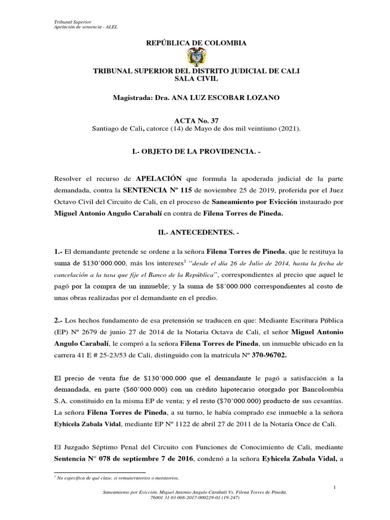 Saneamiento por evicci n miguel antonio angulo carabali vs filena