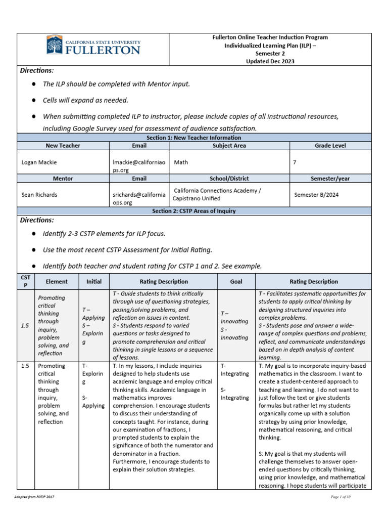 Fullerton Teacher Induction ILP Guide | PDF | Inquiry Based Learning ...