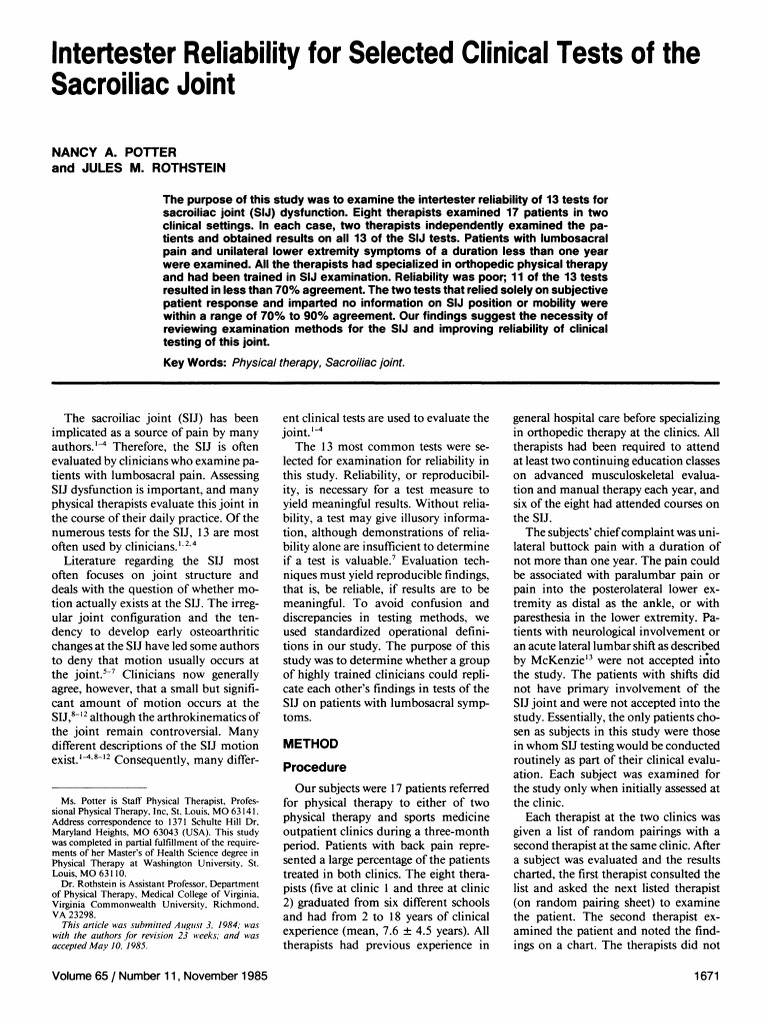 Intertester Reliability For Selected Clinical Tests of The Sacroiliac ...