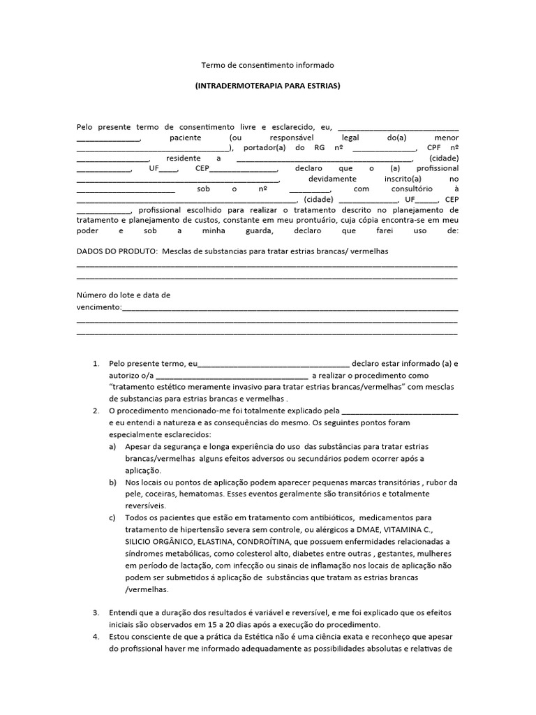 Termo de Consentimento para Intradermoterapia | PDF | Medicina Clínica ...