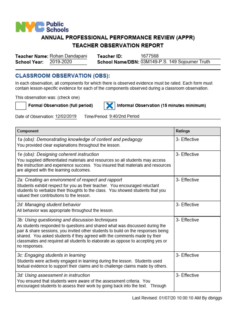 December 2019 Observation | PDF | Educational Assessment | Teachers