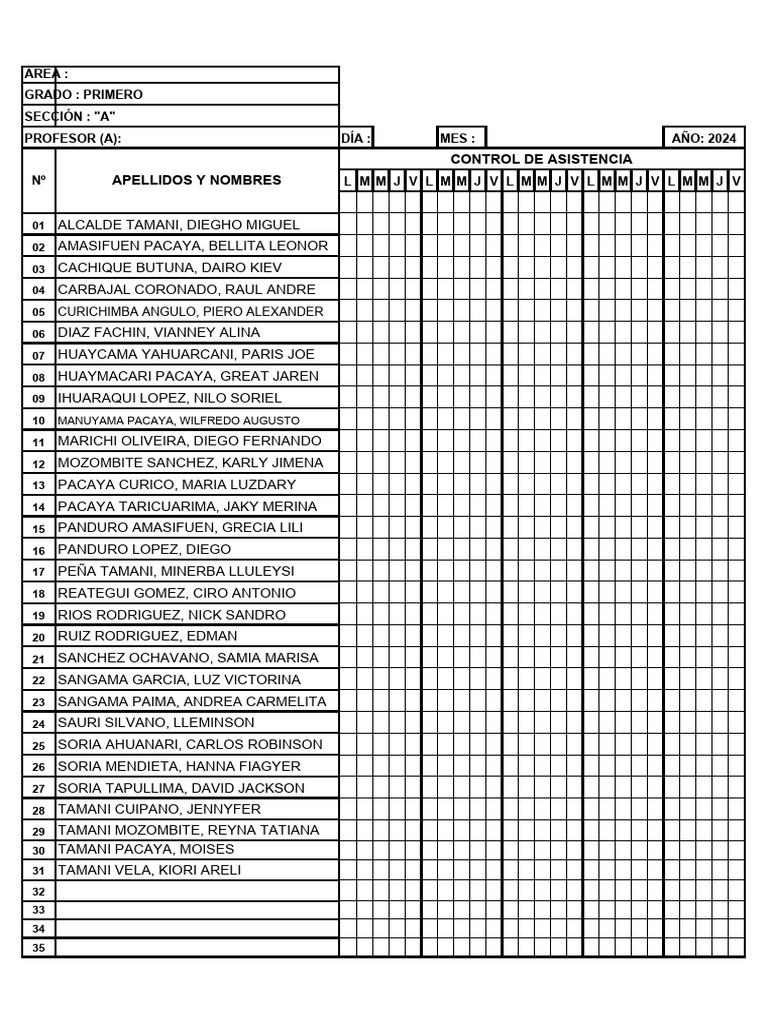 Control de Asistencia 2024 - Primaria | PDF