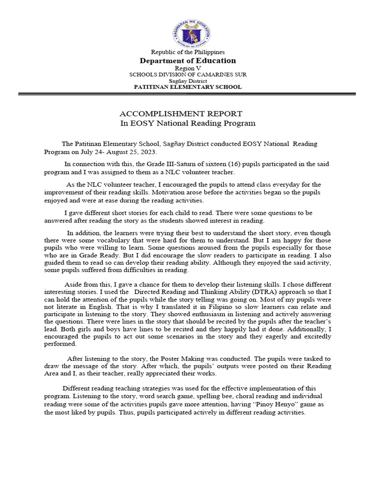 ACCOMPLISHMENT National Reading Program | PDF | Teachers | Pedagogy