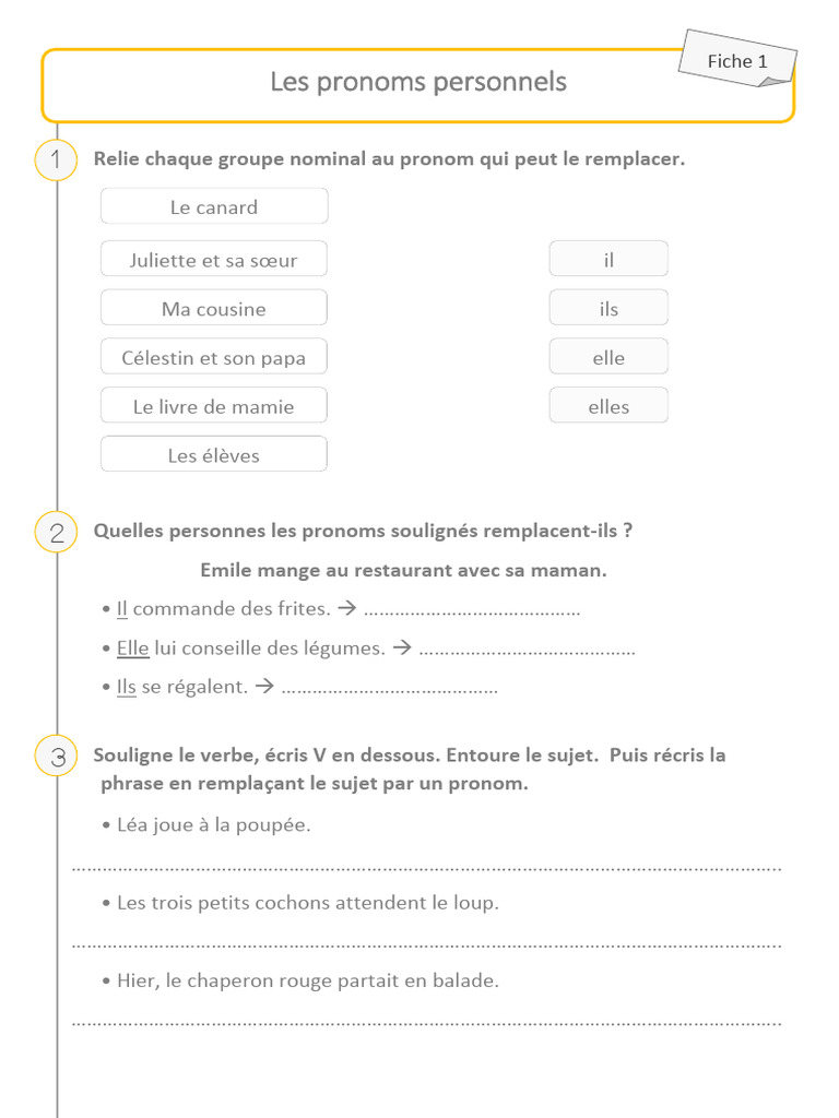 Exercices sur les pronoms personnels CE1/CE2 | PDF | Sujet (Grammaire ...
