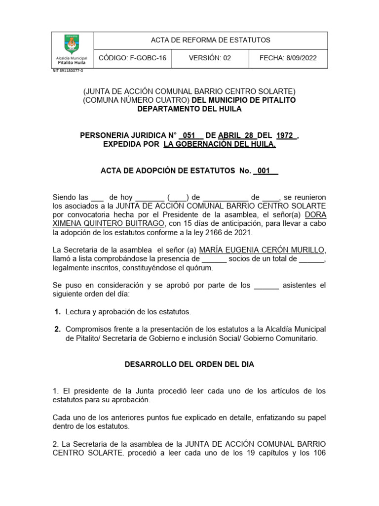 Acta de Reforma de Estatutos Version 2 | PDF | Gobierno