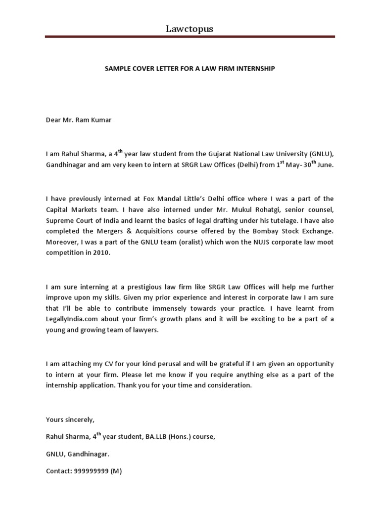 sample cover letter internship law firm