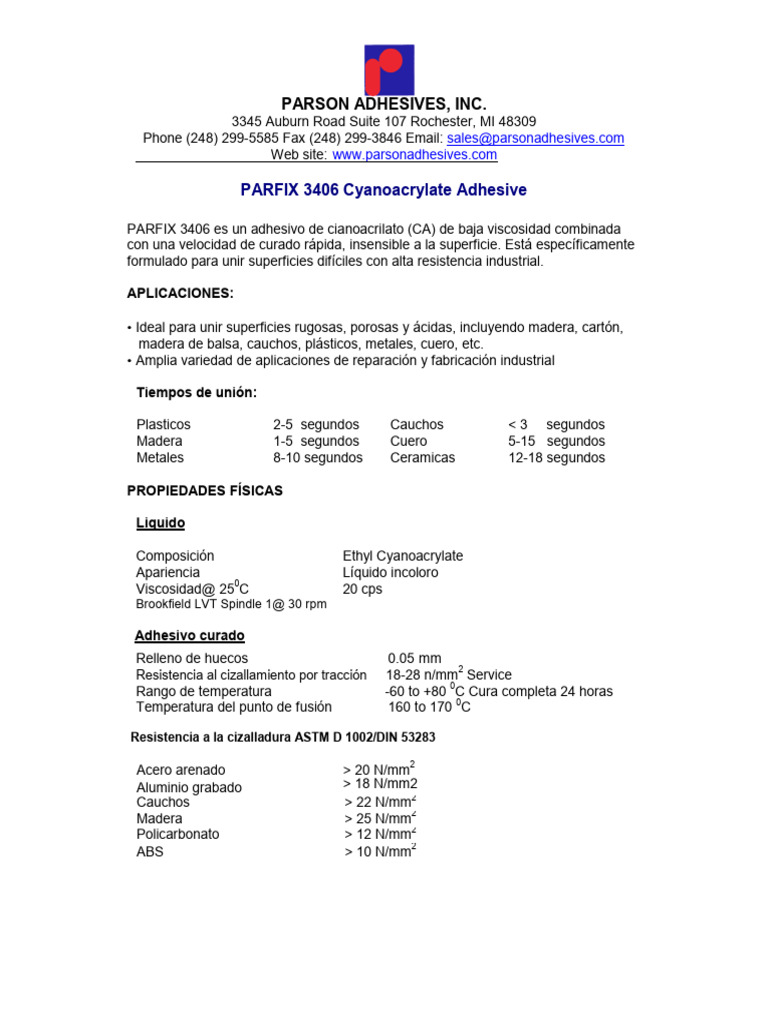 Adhesivo Parfix 3406: Cianoacrilato Industrial | PDF | Materiales