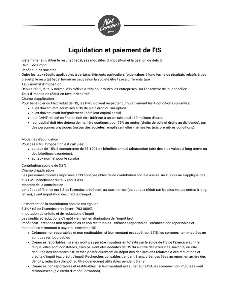 Liquidation et Taux de l'Impôt sur les Sociétés | PDF | Taxe d ...