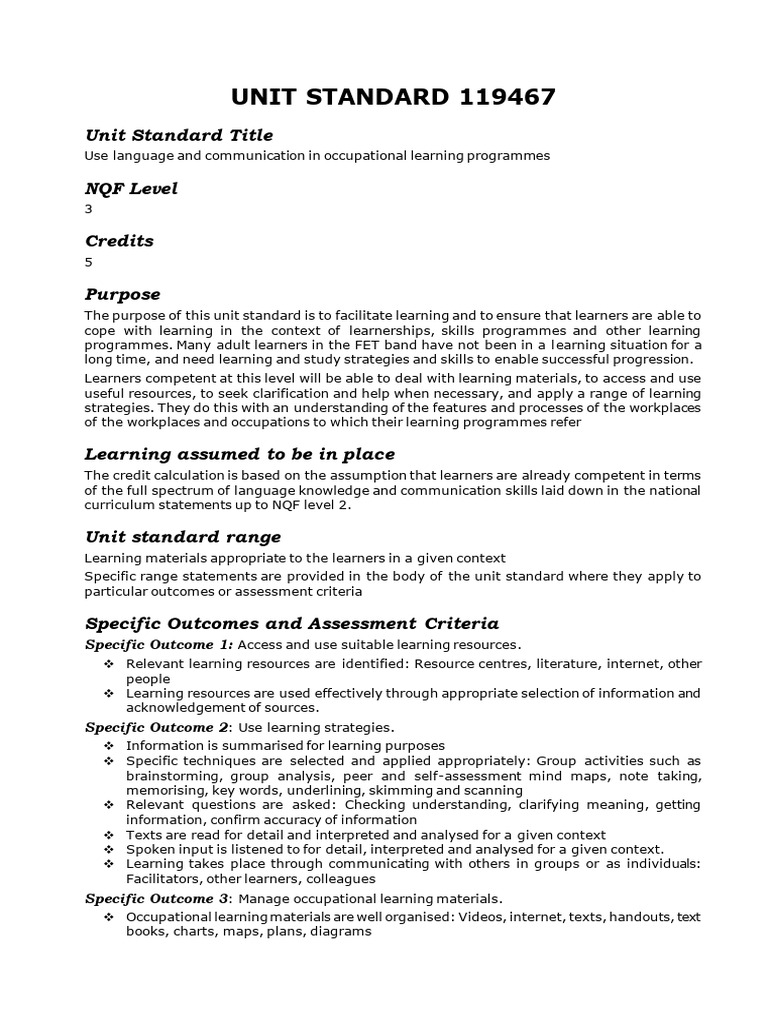 Unit Standard 119467 1 | PDF | Learning | Brainstorming