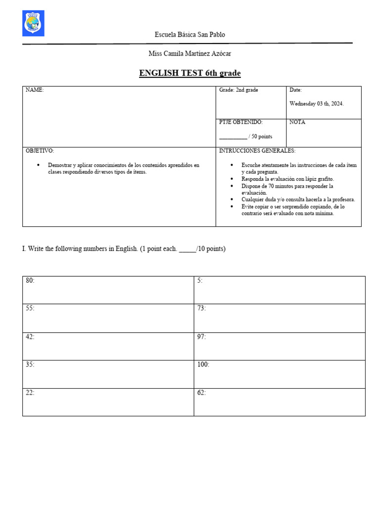 English Test 6th Grade Unit Zero Pdf