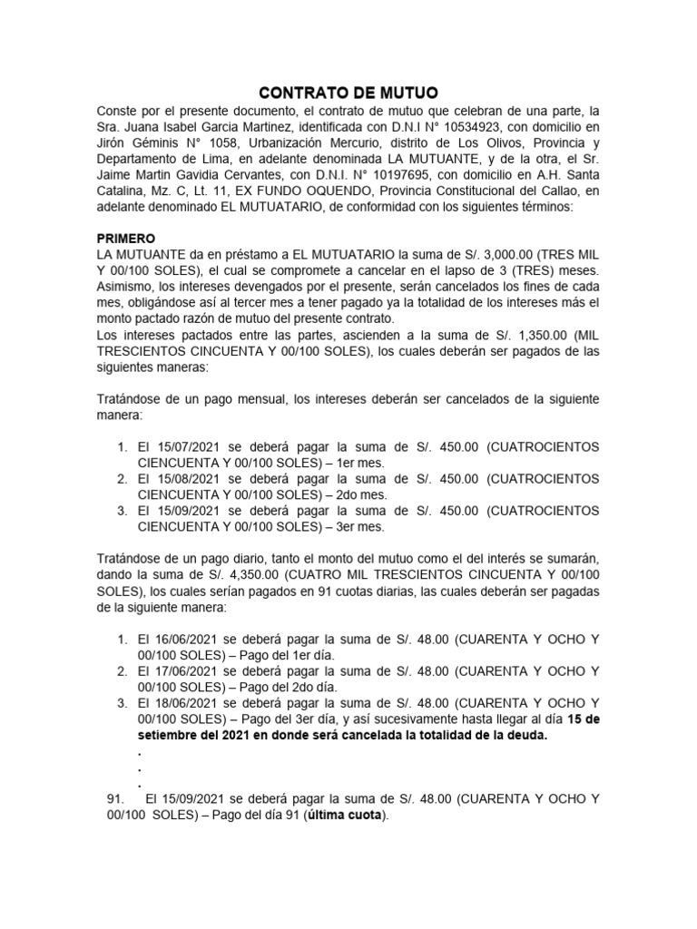 Modelo de Contrato de Mutuo Dinerario | PDF | Negocios | Finanzas y dinero