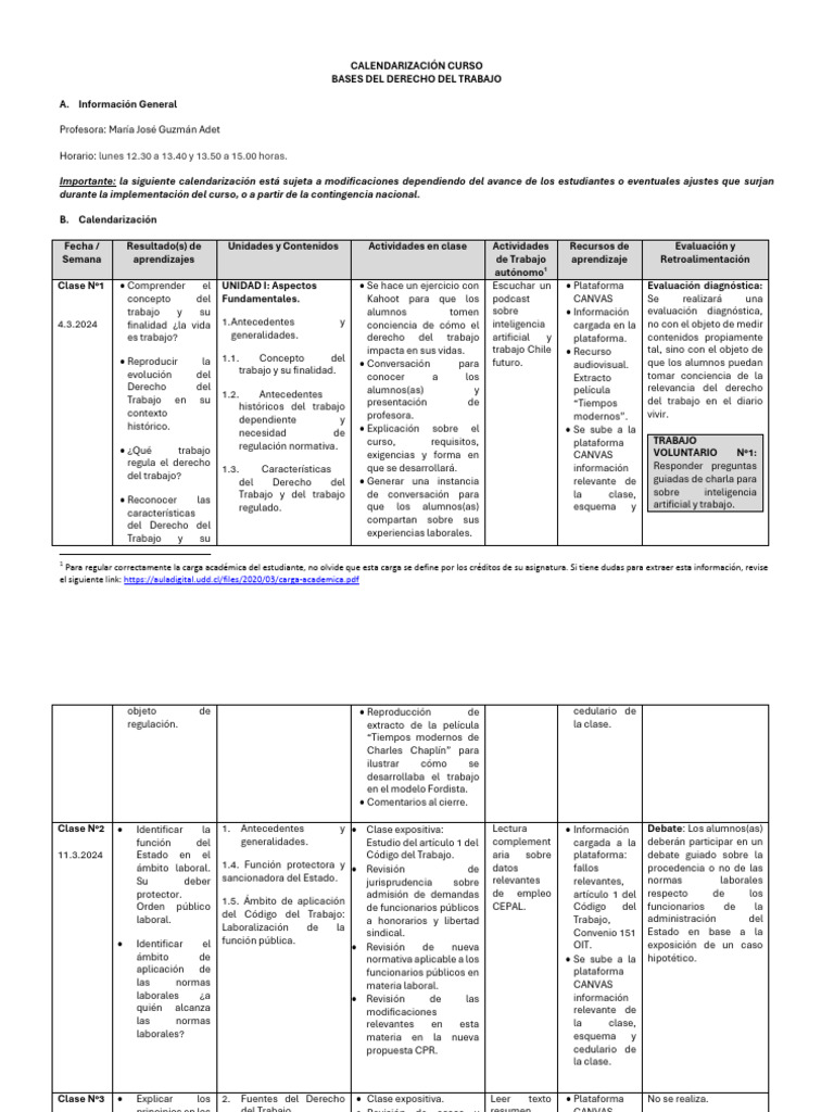 Calendarizaci n curso 1 2024 pdf evaluaci n derecho laboral