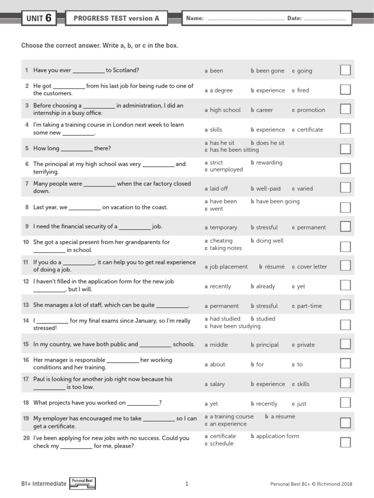 Pb ame b1 unit test u6 version a pdf labor