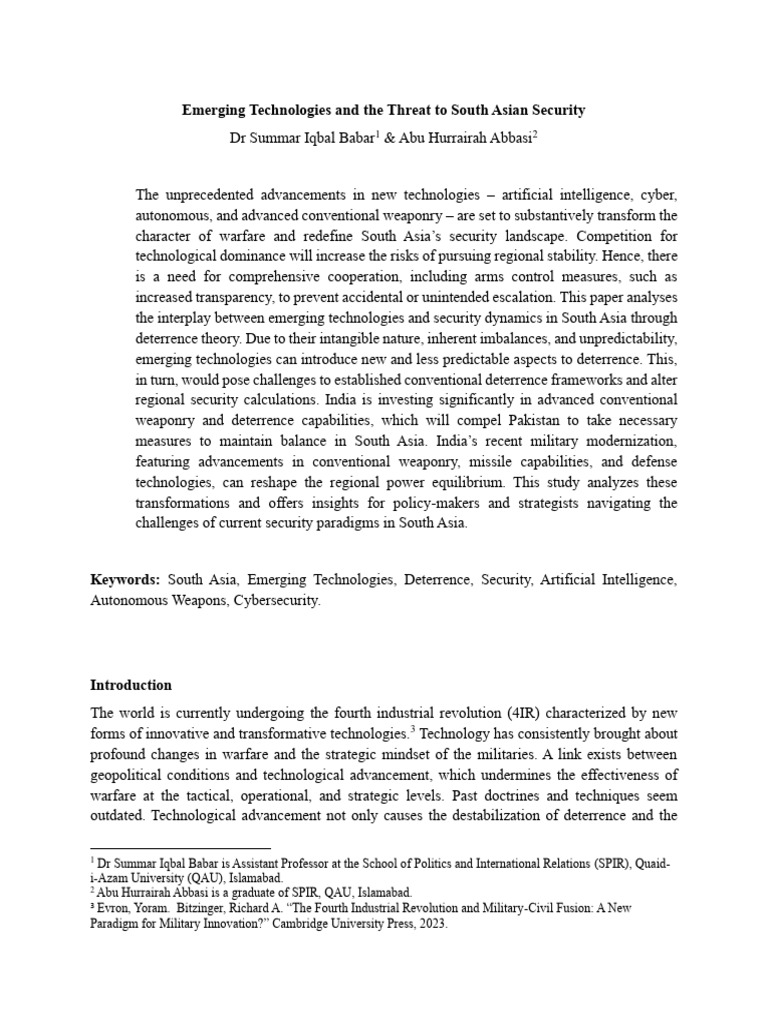 Emerging Technologies And The Threat To South Asian Security Download