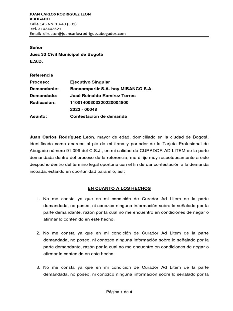 Contestacion de Demanda J33CM | PDF | Derecho