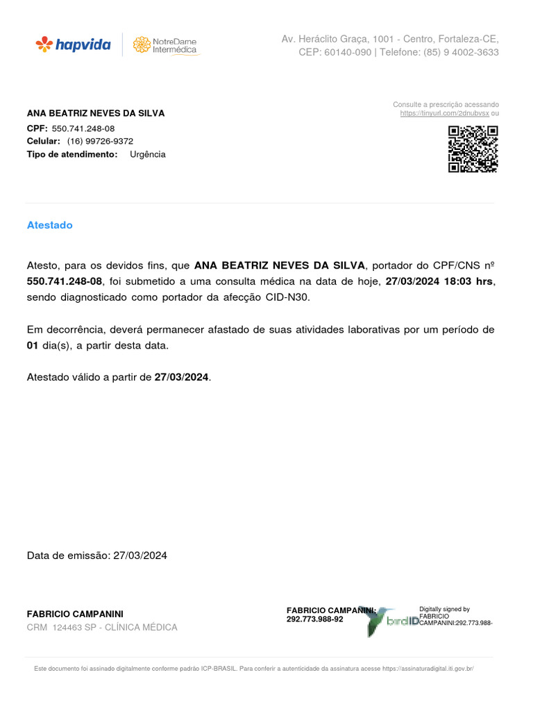 Atestado Médico - CID N30 | PDF