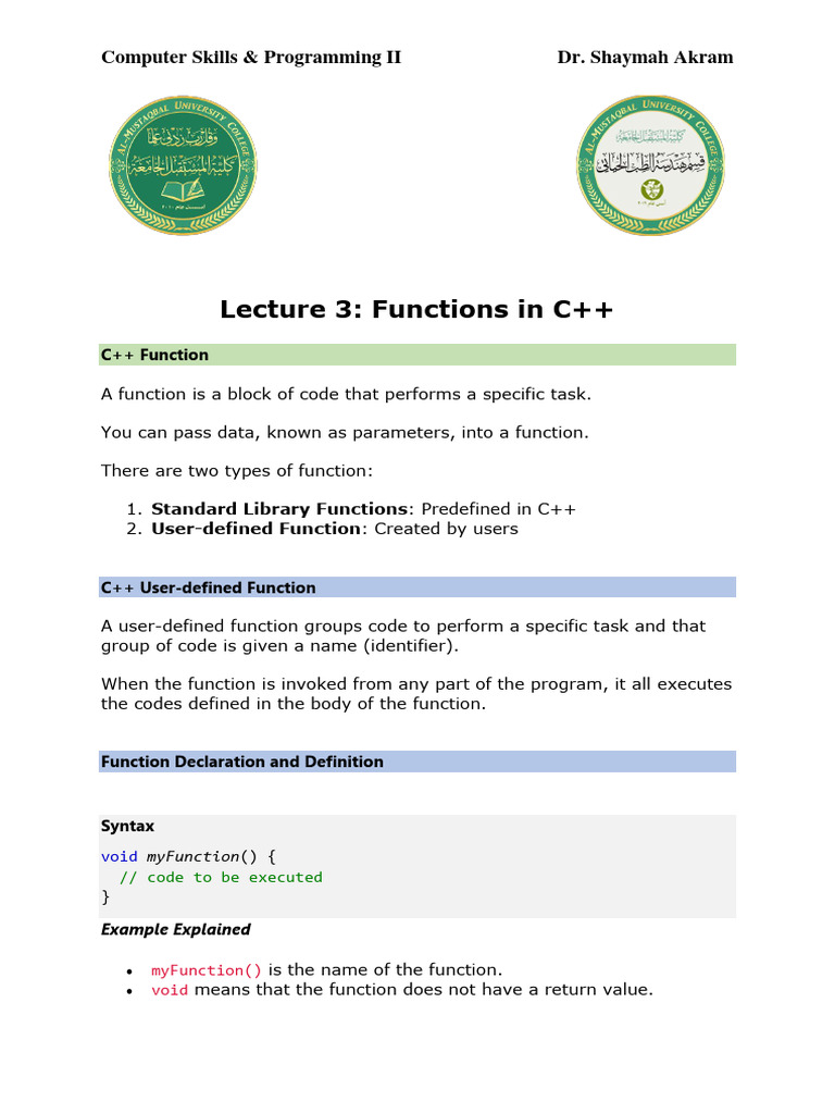 C++ Functions: Definitions & Examples | PDF | Parameter (Computer ...