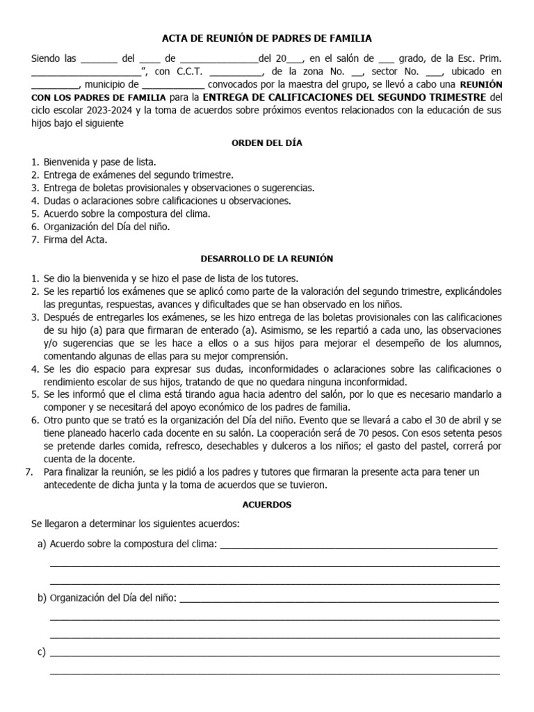 Ejemplo de acta de reunión con padres de familia | PDF