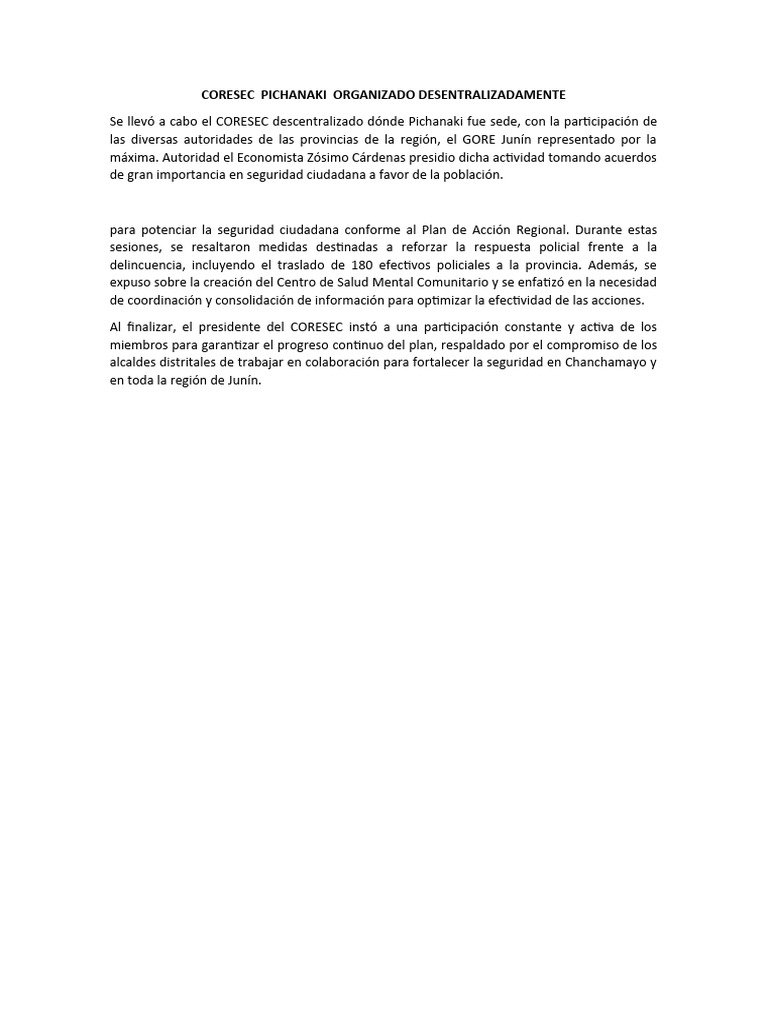 CORESEC Pichanaki: Seguridad Ciudadana | PDF