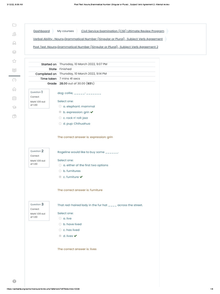 Post Test Nouns Grammatical Number Singular Or Plural Subject
