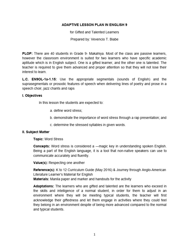 Adaptive Lesson Plan in English 9 | PDF | Stress (Linguistics) | Learning