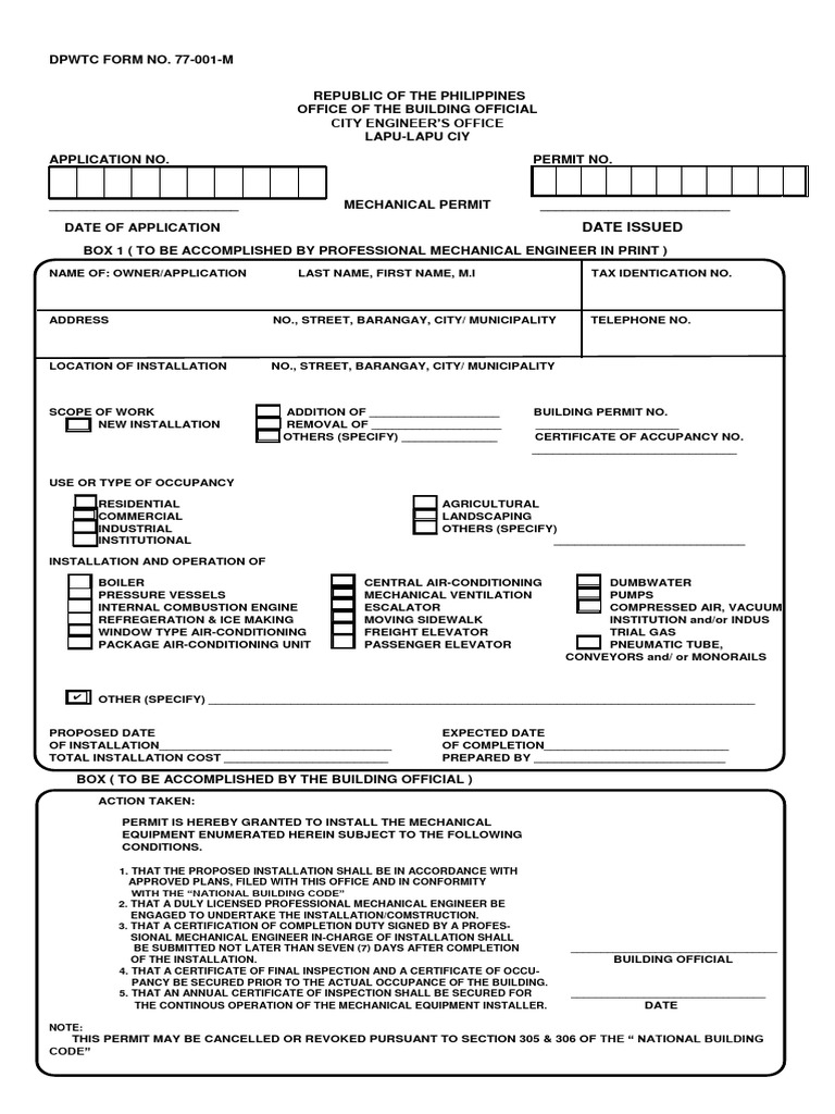 Lapu-Lapu City Mechanical Permit Application | PDF | Elevator | Pump