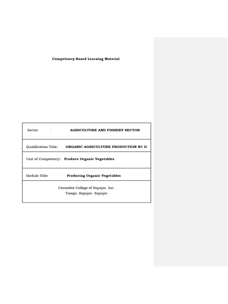 Organic Vegetable Production NC II Guide | PDF | Occupational Safety ...