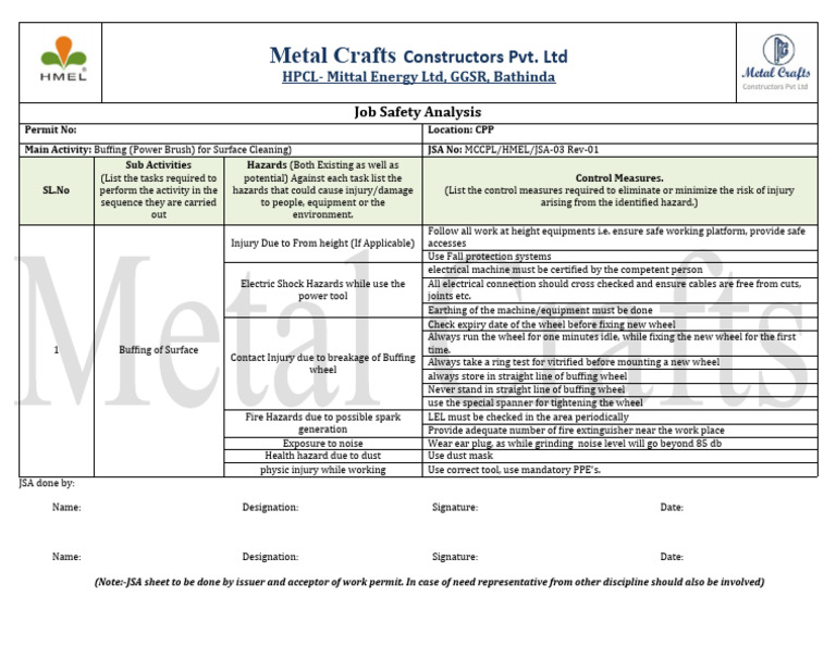 Job Safety Analysis for Buffing Activities | PDF | Safety ...