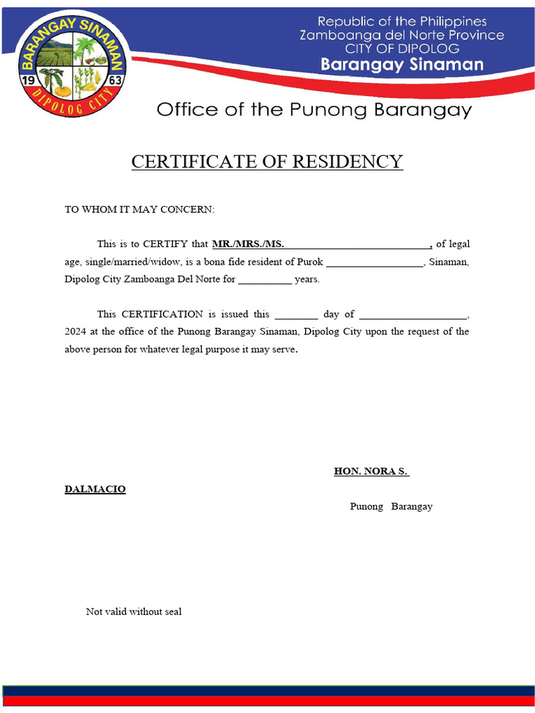 Certificate of Residency PDF Certificate of Residency PDF