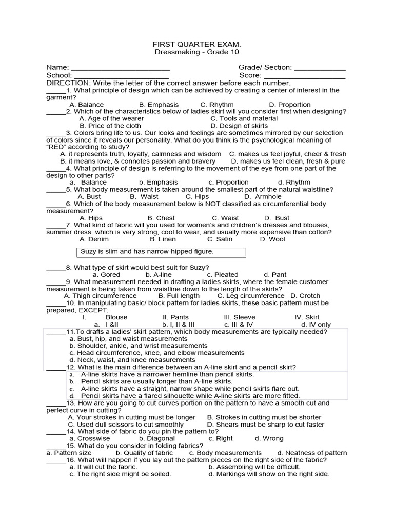 Grade 10 Dressmaking Exam Questions | PDF | Sewing | Seam (Sewing)