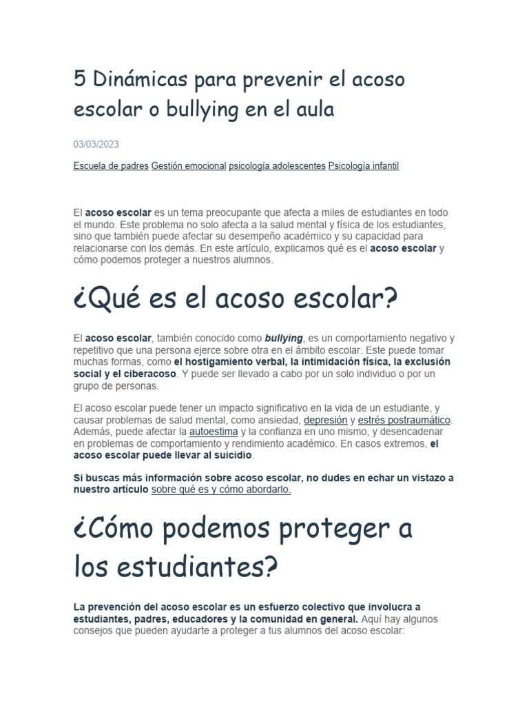 5 Dinámicas para Prevenir El Acoso Escolar o Bullying en El Aula | PDF ...