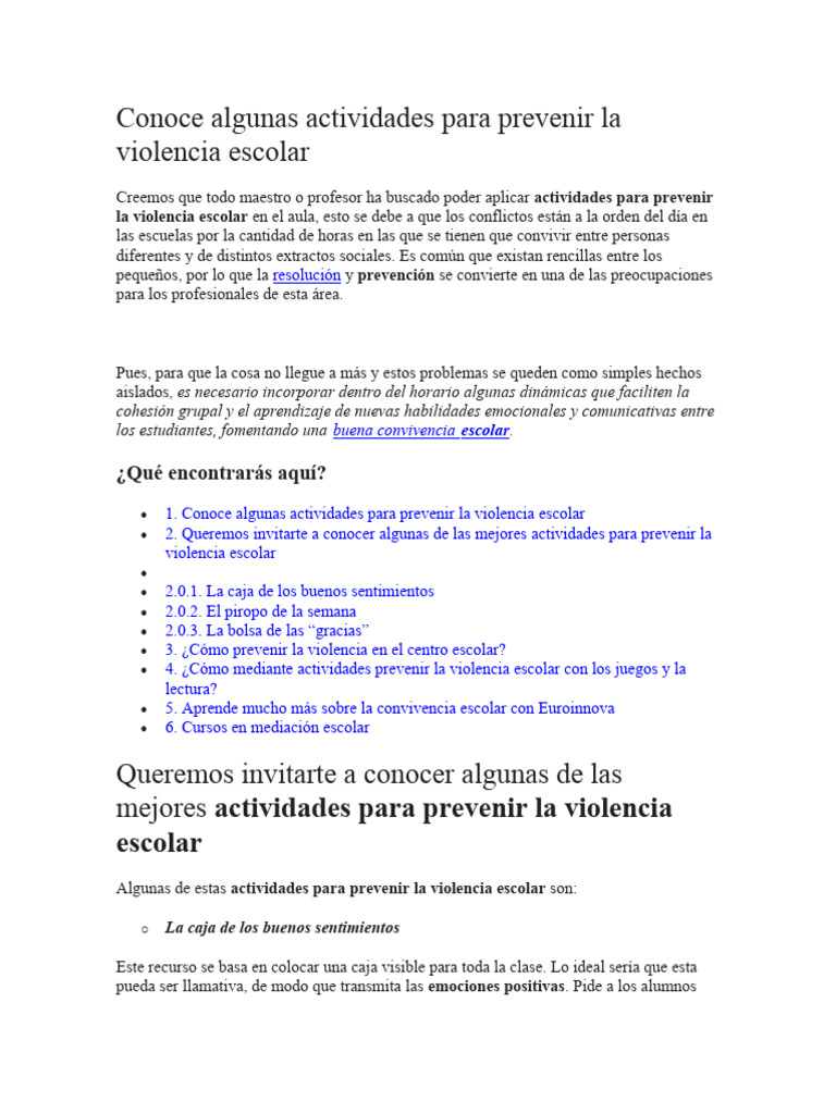 Conoce Algunas Actividades para Prevenir La Violencia Escolar | PDF ...