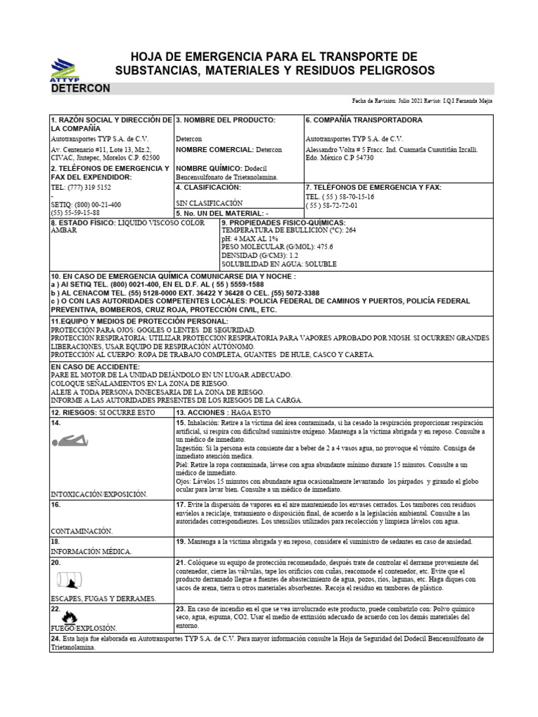 Hoja de Emergencia Detercon | PDF | Agua | Contaminación