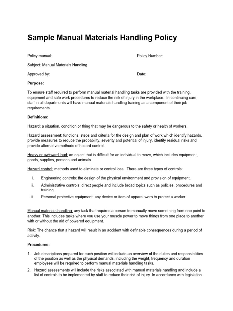 Manual Materials Handling Policy Guide | PDF | Hazards | Occupational ...
