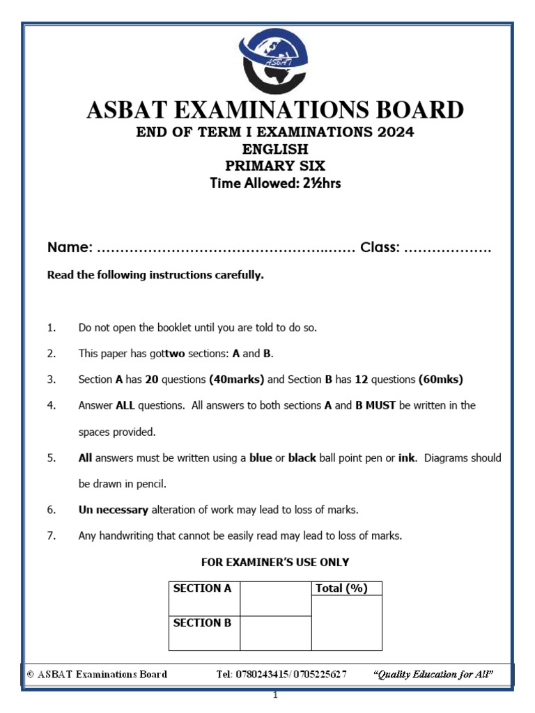 p.6 Mtc e.o.t 1 2024 - Asbat Examinations Board | PDF | Elementary ...