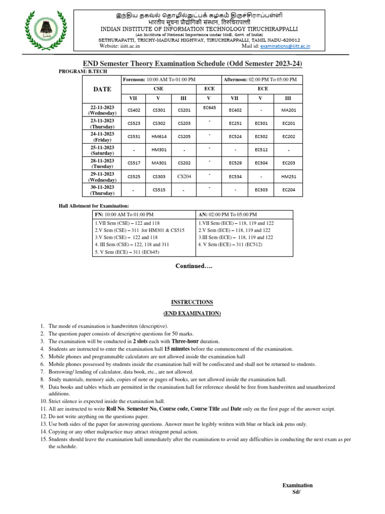 End Exam Schedule Odd Sem 2023-24 (IV, VI, VIII) | PDF