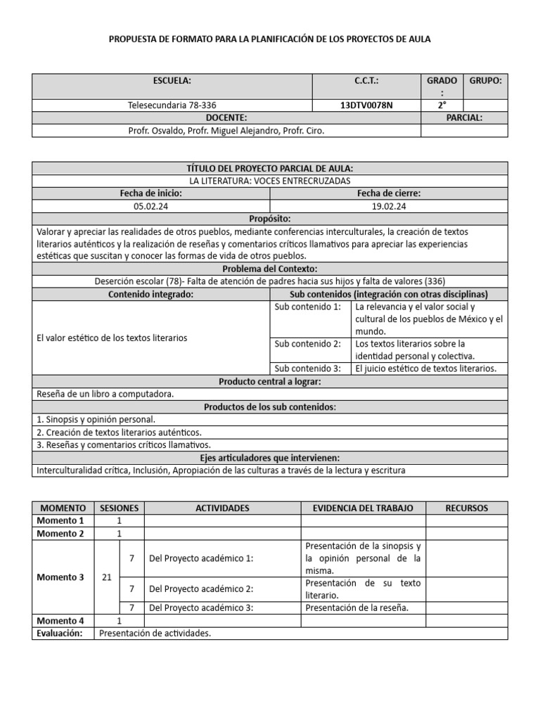 Propuesta de Planeación de Proyecto Parcial de Aula | PDF | Evaluación ...