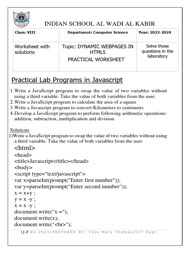 8770670-Class8 Javascript Worksheet | PDF | Java Script | Arithmetic