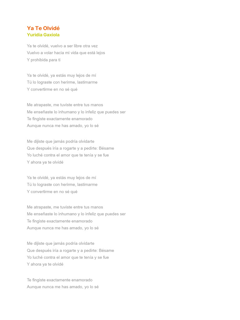 YA TE OLVIDÉ - Yuridia Gaxiola - LETRAS.COM | PDF