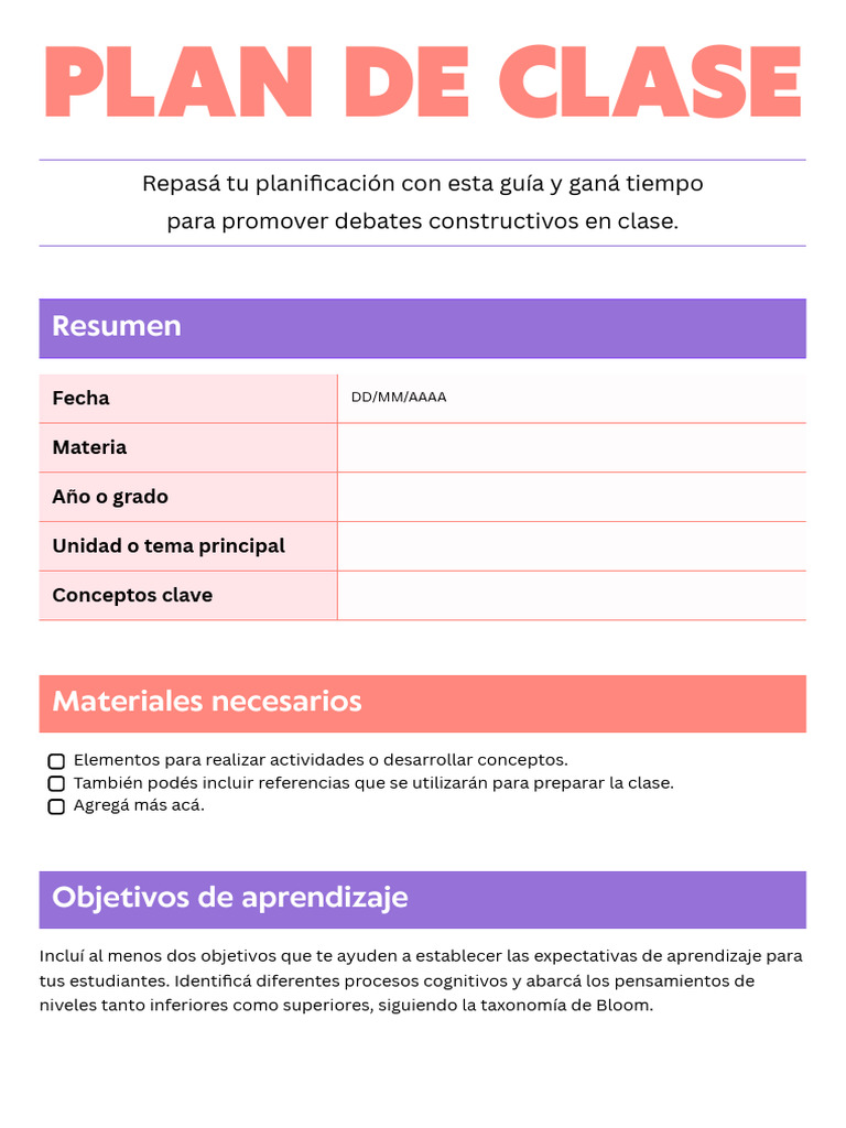 Plan de Clase: Objetivos y Estructura | PDF
