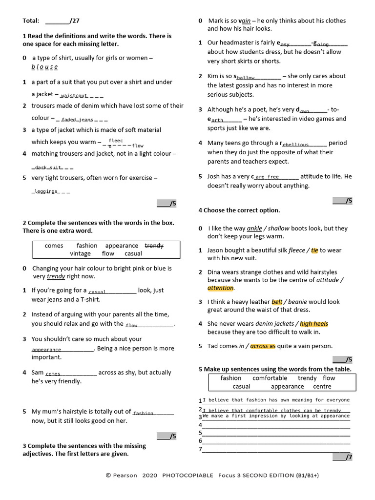 Focus 3 Unit 6 & 8 Vocabulary Test | PDF | Trousers | Clothing