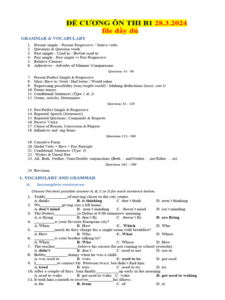 B1 Exam Review: Grammar & Vocabulary | PDF | Grammar | Linguistics