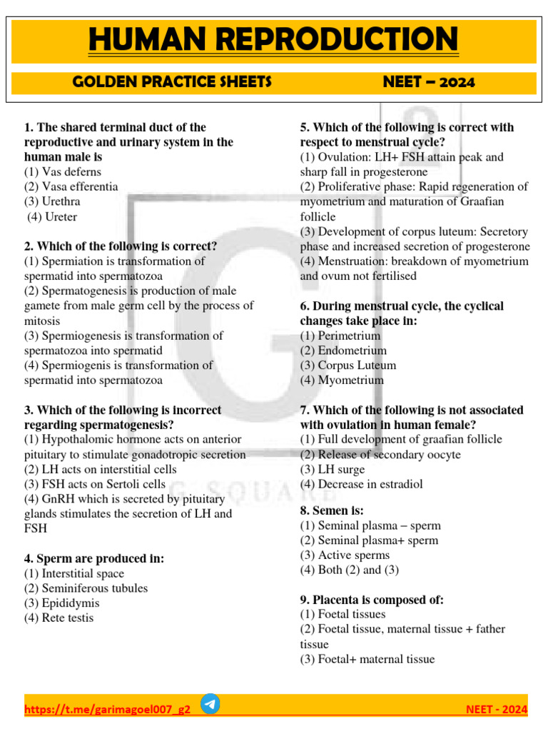 NEET 2024 Human Reproduction Quiz | PDF | Menstrual Cycle | Luteinizing ...