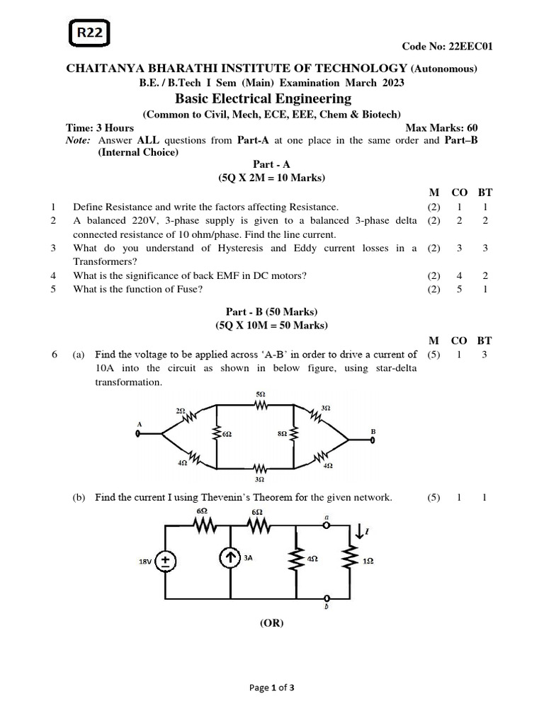 Basic Electrical Engineering 22EEC01 | PDF | Transformer | Materials ...