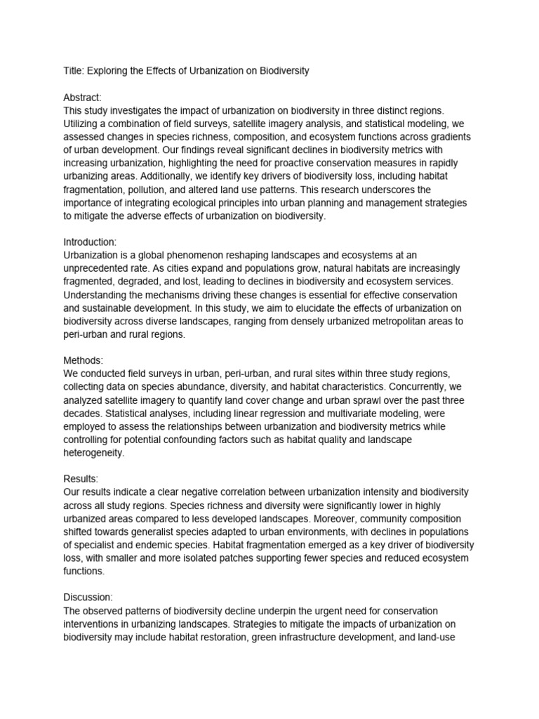 Title - Exploring The Effects of Urbanization On Biodiversity | PDF ...