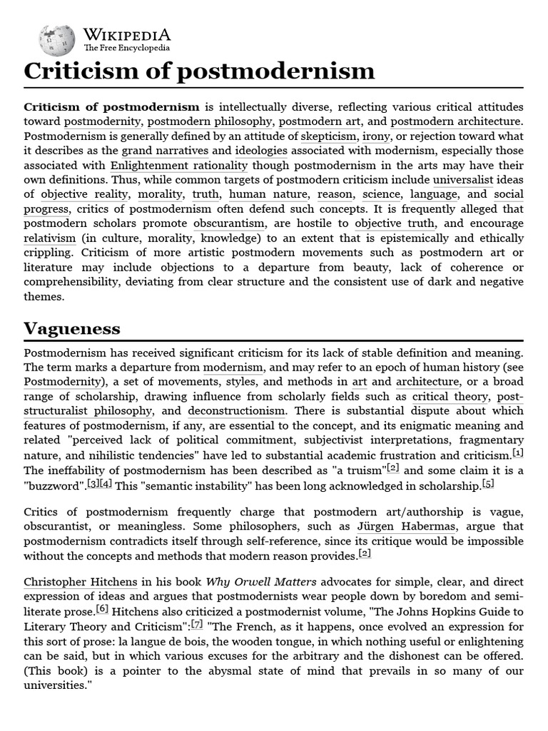 Critiques of Postmodernism Explained | PDF | Postmodernism | Liberal ...