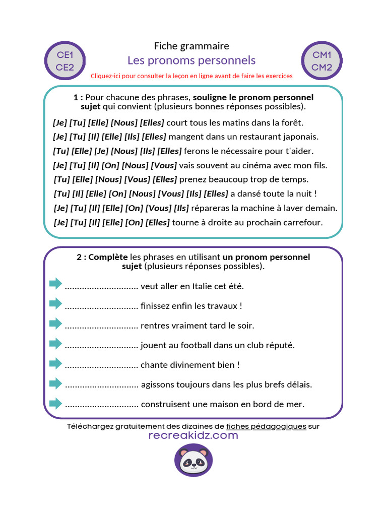 Les Pronoms Personnels Ce1 Ce2 Cm1 Cm2 | PDF | Complément d'objet | Pronom